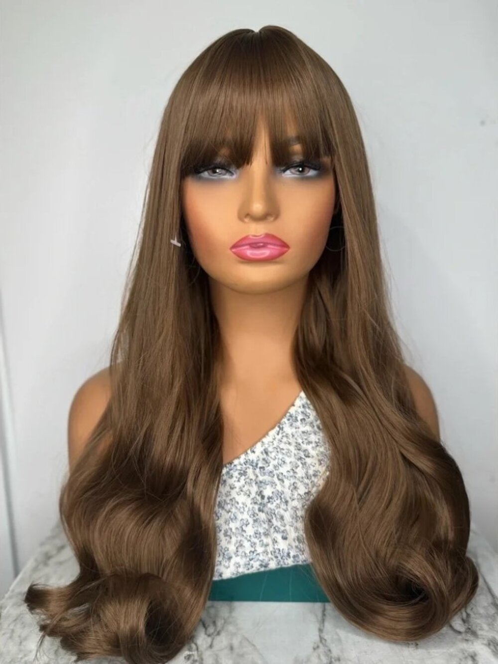 Rooted Light Brown Layered Wig with Full Bangs – Long Soft Waves, Natural Look